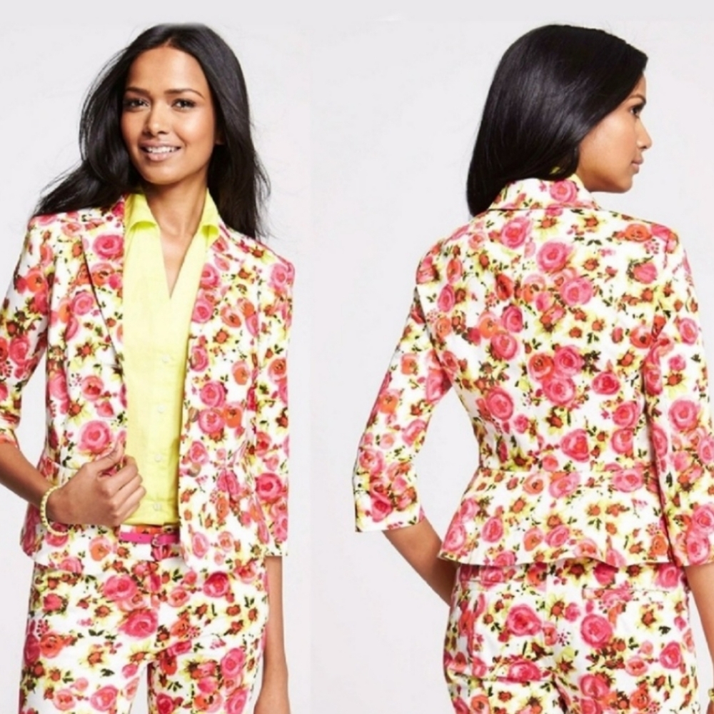 Floral Spring Summer Blazer Jacket XS Office Hamptons Ann Taylor Pink Peony
